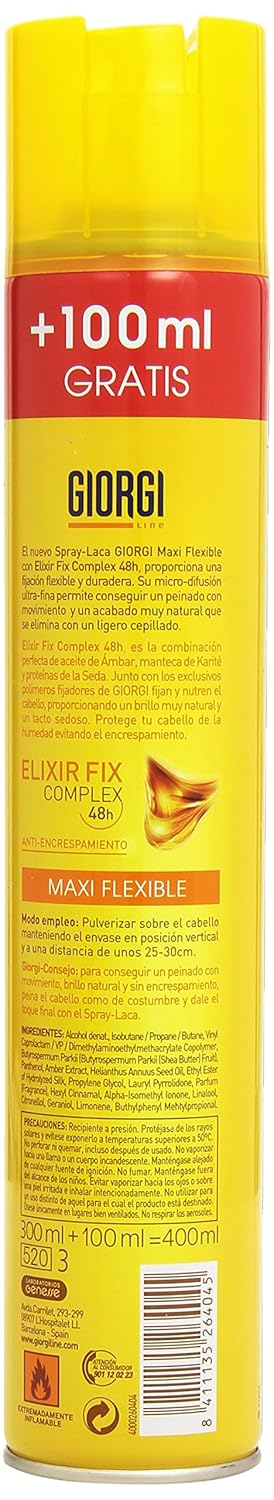 Giorgi Line Laca Elixir Fix, Fijación Flexible (300ml). Consigue un peinado con movimiento natural y un acabado perfecto durante todo el día gracias a su fórmula anti-encrespamiento. Giorgi - pack