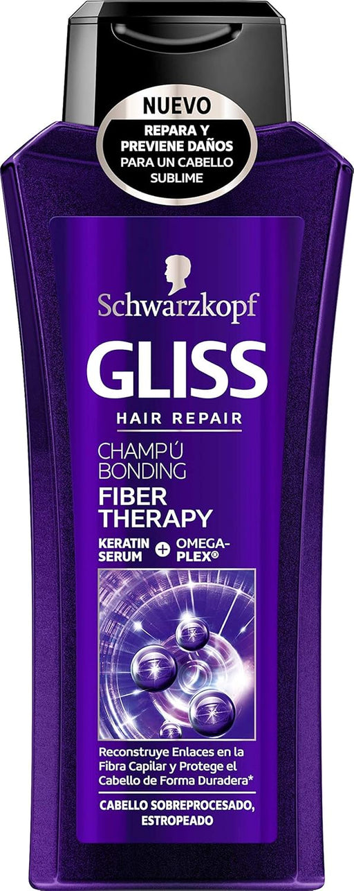 Champú Gliss Fiber Therapy de 400ml para cabello sobreprocesado y dañado. Su fórmula con Omegaplex reconstruye los puentes de la fibra capilar dañados por tinte y plancha. Gliss - frontal