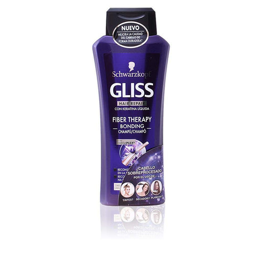 Champú Gliss Fiber Therapy de 400ml para cabello sobreprocesado y dañado. Su fórmula con Omegaplex reconstruye los puentes de la fibra capilar dañados por tinte y plancha. Gliss - pack