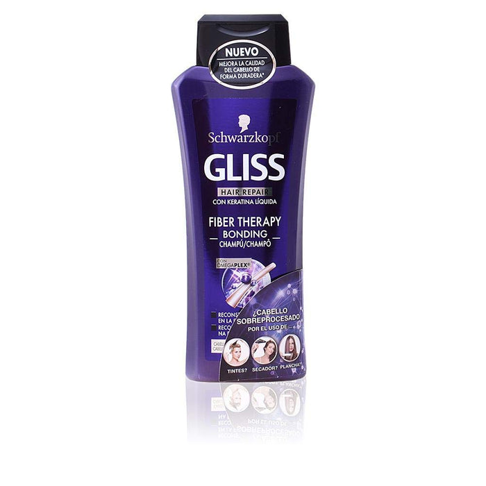 Champú Gliss Fiber Therapy de 400ml para cabello sobreprocesado y dañado. Su fórmula con Omegaplex reconstruye los puentes de la fibra capilar dañados por tinte y plancha. Gliss - pack