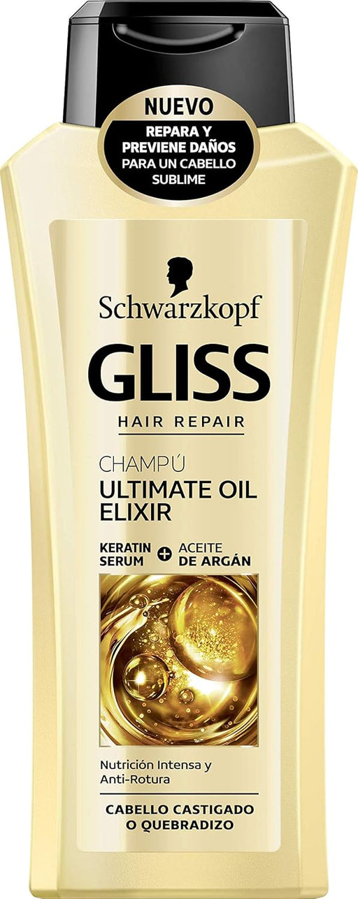 Pack Ahorro de 3 botes de Champú Gliss Ultimate Oil Elixir (3x400ml). Tratamiento con elixir de aceite de argán para reparar y nutrir el cabello quebradizo y seco. Gliss - frontal