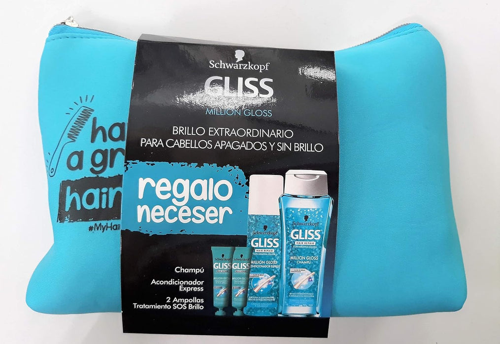 Schwarzkopf Gliss Million Gloss Set de Regalo con Neceser. El ritual de cuidado capilar completo para cabellos apagados, con champú, acondicionador y ampollas SOS para un brillo deslumbrante. Gliss - frontal