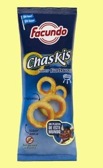 Facundo Chaskis Barbacoa, pack de 16 bolsas de 90 gramos. Crujientes y sabrosos aros de maíz frito con un irresistible sabor a barbacoa, el snack perfecto para cualquier ocasión. Good4you - frontal
