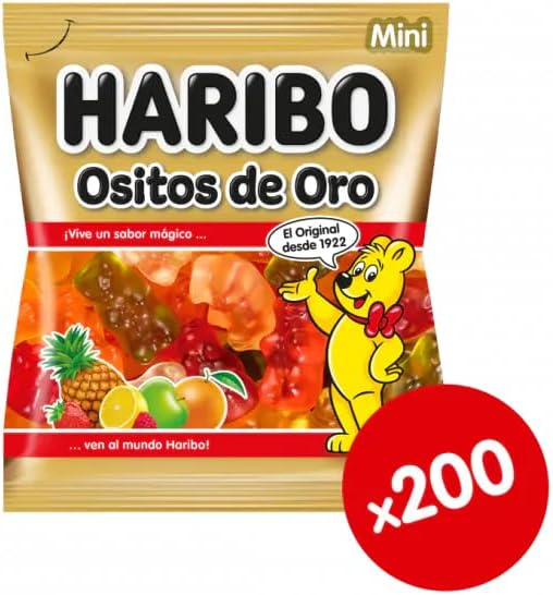 Caja Expositora con 200 Bolsitas Individuales de Mini Ositos de Oro Haribo de 10g. El formato perfecto de gominolas para regalar en fiestas, piñatas y eventos. Haribo - frontal