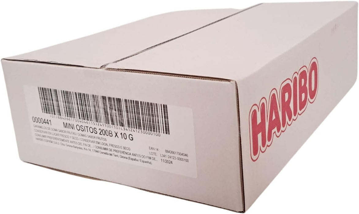 Caja Expositora con 200 Bolsitas Individuales de Mini Ositos de Oro Haribo de 10g. El formato perfecto de gominolas para regalar en fiestas, piñatas y eventos. Haribo - ingredientes