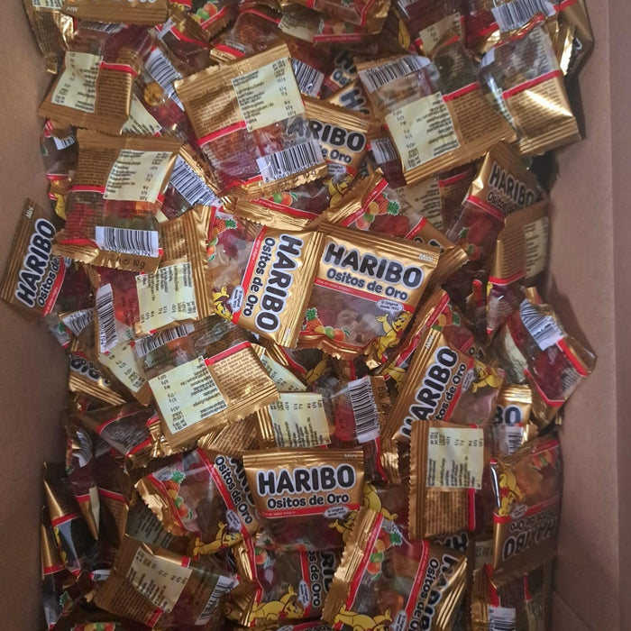 Caja Expositora con 200 Bolsitas Individuales de Mini Ositos de Oro Haribo de 10g. El formato perfecto de gominolas para regalar en fiestas, piñatas y eventos. Haribo - pack