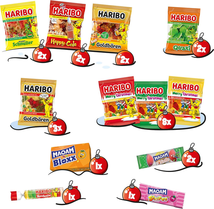 Calendario de Adviento HARIBO con 24 sorpresas de gominolas (300g). La cuenta atrás para Navidad más divertida con una mezcla de los mejores dulces y caramelos de la marca. Haribo - lateral