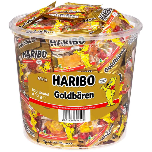 Haribo Ositos de Oro, Bote de 100 Mini Bolsitas (1kg). El formato perfecto para tener en casa y disfrutar en cualquier momento de tus gominolas favoritas, siempre frescas y en cómodas raciones. Haribo - frontal