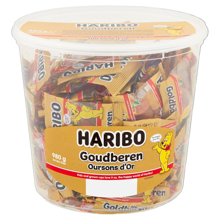 Haribo Ositos de Oro, Bote de 100 Mini Bolsitas (1kg). El formato perfecto para tener en casa y disfrutar en cualquier momento de tus gominolas favoritas, siempre frescas y en cómodas raciones. Haribo - pack