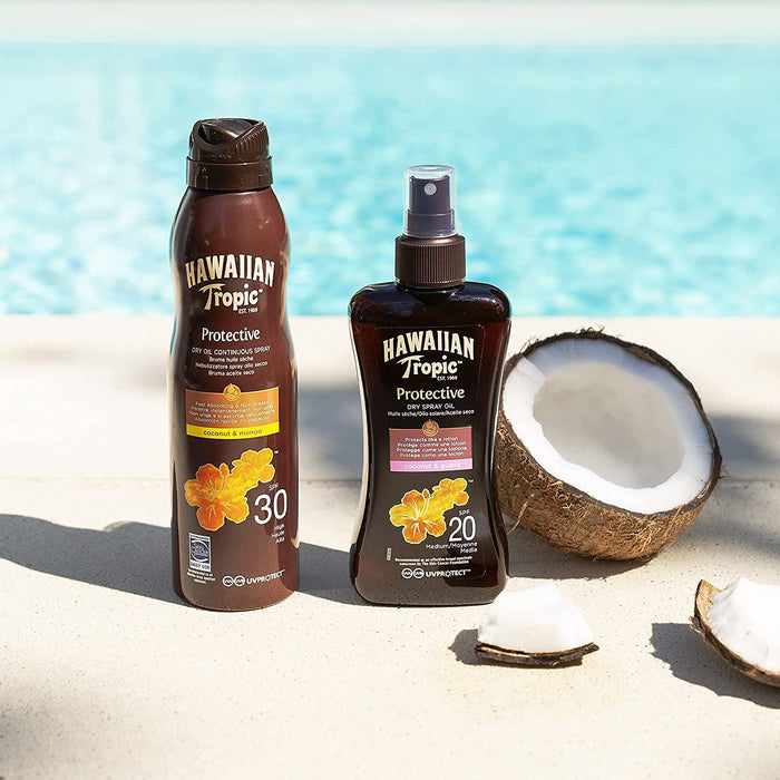 Hawaiian Tropic Glowing Protection Aceite Seco Bronceador SPF 30, Pack de 3x177 ml. Bruma de aceite con Argán para un bronceado luminoso, con protección alta y aroma tropical. Hawaiian Tropic - uso