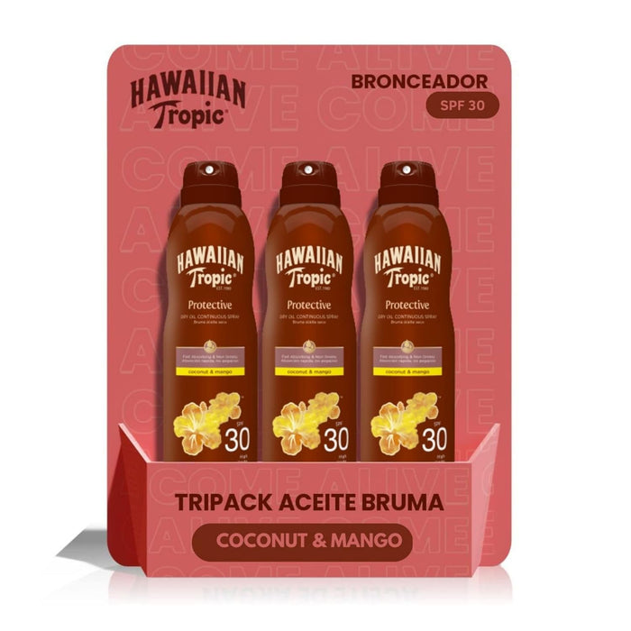 Hawaiian Tropic Glowing Protection Aceite Seco Bronceador SPF 30, Pack de 3x177 ml. Bruma de aceite con Argán para un bronceado luminoso, con protección alta y aroma tropical. Hawaiian Tropic - frontal