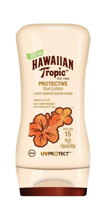 Hawaiian Tropic Loción Solar Protectora SPF 15 (100ml). Consigue un bronceado dorado y luminoso de forma segura con esta loción hidratante de aroma a coco, en un práctico formato de viaje. Hawaiian Tropic - detalle