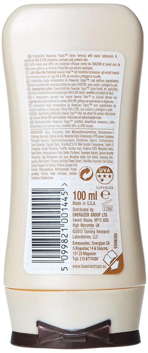 Hawaiian Tropic Loción Solar Protectora SPF 15 (100ml). Consigue un bronceado dorado y luminoso de forma segura con esta loción hidratante de aroma a coco, en un práctico formato de viaje. Hawaiian Tropic - pack