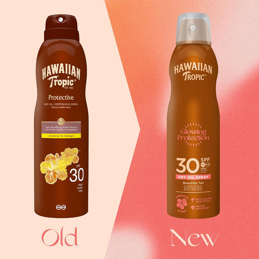 Hawaiian Tropic Protective Bruma Aceite Seco SPF 30, 180 ml. Bronceador en spray con Aceite de Argán para una protección alta, un brillo saludable y un aroma a coco y mango. Hawaiian Tropic - pack
