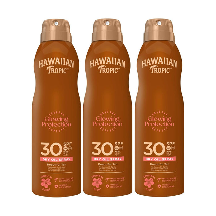 Hawaiian Tropic Protective Bruma Aceite Seco SPF 30, Tripack (3x180 ml). Aceite bronceador en spray con aroma a coco y mango para una piel protegida, hidratada y brillante. Hawaiian Tropic - frontal