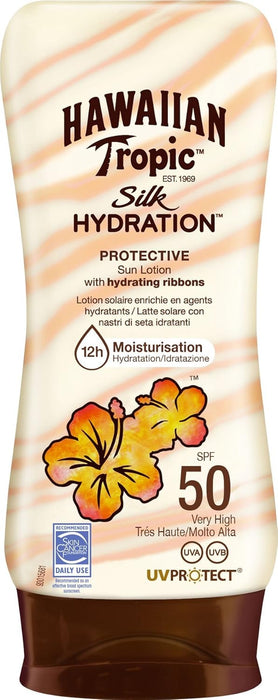 Hawaiian Tropic Silk Hydration Loción Solar Protectora SPF 50, 180ml. Disfruta de una alta protección UVA/UVB mientras mimas tu piel con 12 horas de hidratación y un irresistible aroma tropical. Hawaiian Tropic - frontal