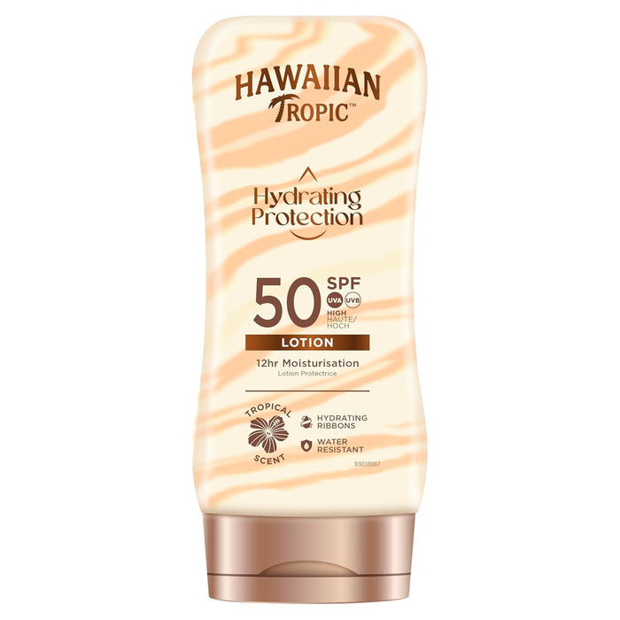 Hawaiian Tropic Silk Hydration Loción Solar Protectora SPF 50, 180ml. Disfruta de una alta protección UVA/UVB mientras mimas tu piel con 12 horas de hidratación y un irresistible aroma tropical. Hawaiian Tropic - detalle