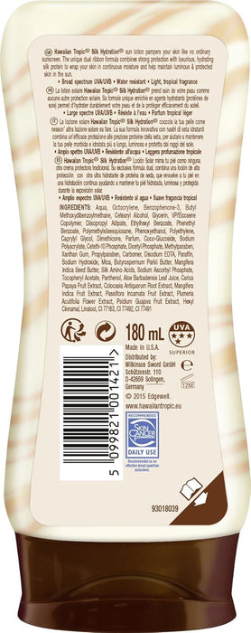 Hawaiian Tropic Silk Hydration Loción Solar Protectora SPF 50, 180ml. Disfruta de una alta protección UVA/UVB mientras mimas tu piel con 12 horas de hidratación y un irresistible aroma tropical. Hawaiian Tropic - pack
