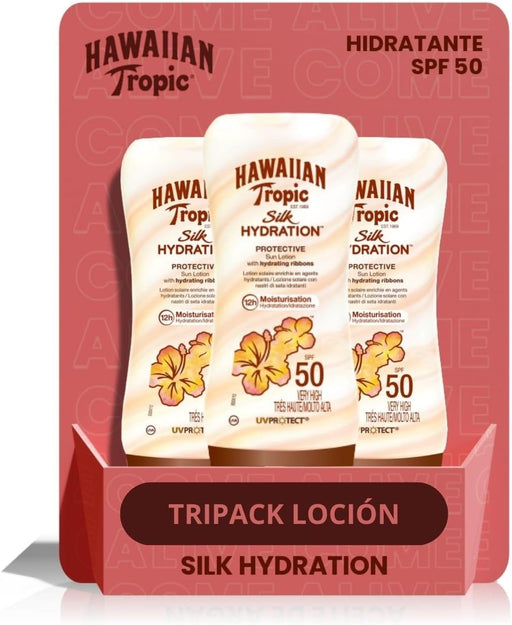 Hawaiian Tropic Silk Hydration Loción Solar SPF 50, 180ml. Protección solar avanzada que combina filtros UVA/UVB con cintas de seda para una hidratación intensa y una piel suave y protegida. Hawaiian Tropic - frontal