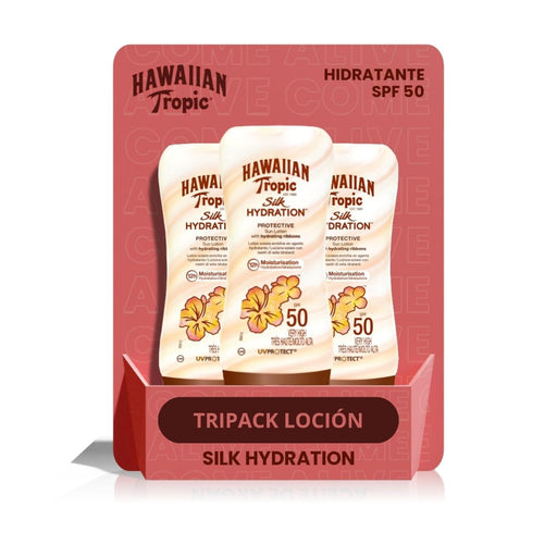 Hawaiian Tropic Silk Hydration Loción Solar SPF 50, 180ml. Protección solar avanzada que combina filtros UVA/UVB con cintas de seda para una hidratación intensa y una piel suave y protegida. Hawaiian Tropic - pack