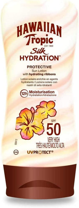 Hawaiian Tropic Silk Hydration Loción Solar SPF 50, 180ml. Protección solar avanzada que combina filtros UVA/UVB con cintas de seda para una hidratación intensa y una piel suave y protegida. Hawaiian Tropic - lateral