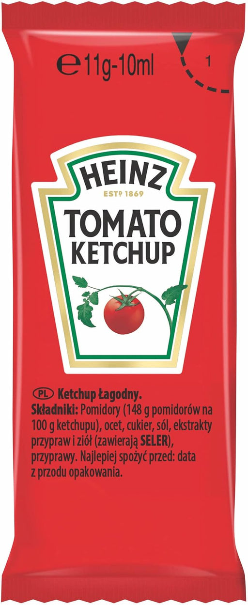 Heinz Ketchup en Bolsitas Monodosis de 10ml (Caja 200 uds). El sabor clásico e inigualable de Heinz, sin gluten y apto para veganos, en un formato perfecto para llevar y disfrutar en cualquier lugar. Heinz - frontal