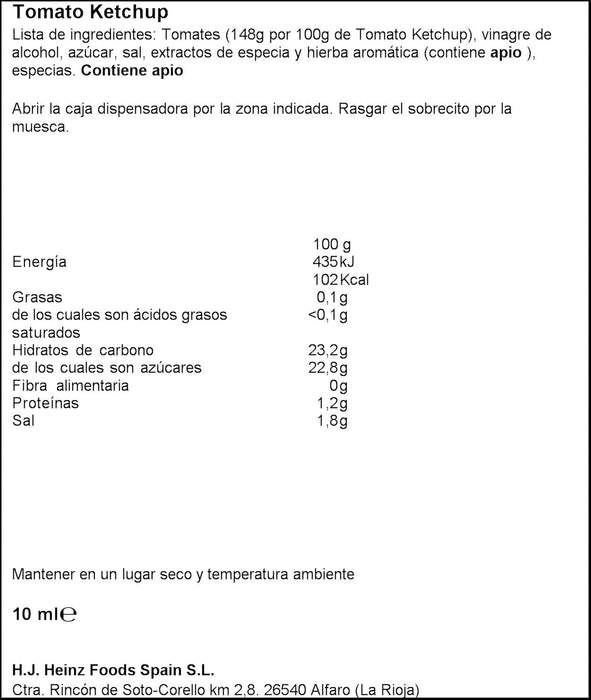 Heinz Ketchup Monodosis de 10ml, Caja de 200 Unidades. El sabor inconfundible del kétchup Heinz en un formato higiénico y práctico, ideal para hostelería, delivery y eventos. Heinz - detalle