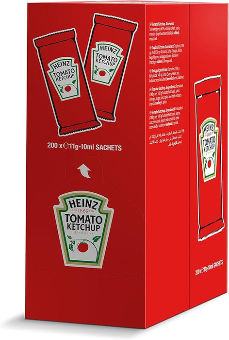 Heinz Ketchup Monodosis de 10ml, Caja de 200 Unidades. El sabor inconfundible del kétchup Heinz en un formato higiénico y práctico, ideal para hostelería, delivery y eventos. Heinz - frontal