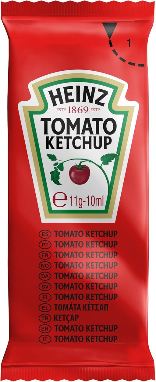 Heinz Ketchup Monodosis de 10ml, Caja de 200 Unidades. El sabor inconfundible del kétchup Heinz en un formato higiénico y práctico, ideal para hostelería, delivery y eventos. Heinz - pack