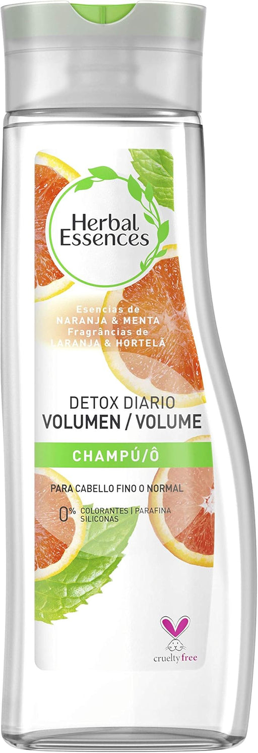 Herbal Essences Detox Diario Volumen, Champú para Cabello Fino con Naranja y Menta, 400ml. Una fórmula inspirada en la naturaleza para un pelo limpio, brillante y con cuerpo. Herbal Essences - frontal