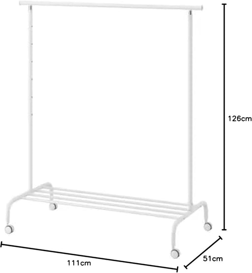 Burro para Ropa IKEA RIGGA, perchero móvil y resistente en color blanco con altura regulable y zapatero, la solución de almacenaje flexible que necesitas. Ikea - pack