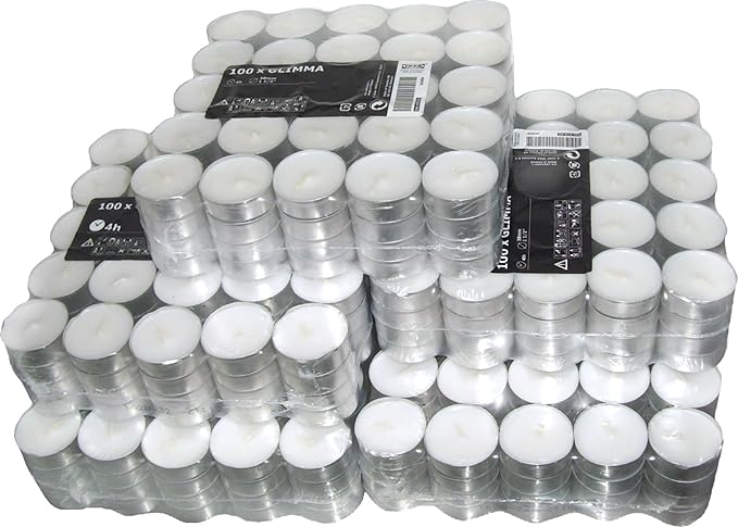 IKEA GLIMMA Mega Pack de 500 Velas de Té sin Perfume. El formato ahorro ideal para grandes consumidores, eventos y negocios, con 4 horas de duración por vela. Ikea - frontal