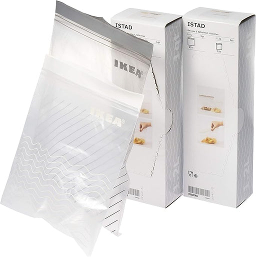 Ikea ISTAD Pack de 200 Bolsas para Congelar con Cierre Hermético. Suministro total de 100 bolsas de 2,5L y 100 bolsas de 1,2L, reutilizables y perfectas para el batch cooking y la organización. Ikea - frontal