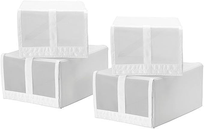 IKEA SKUBB Pack de 4 Cajas para Zapatos, organizadores apilables en color blanco (22x34x16 cm) con ventana de malla y cierre de velcro para un armario ordenado. Ikea - detalle