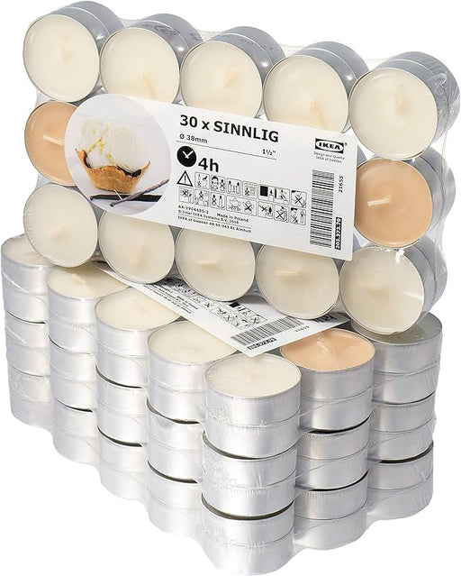 Pack de 30 Velas Perfumadas IKEA SINNLIG, con un delicioso y dulce aroma a vainilla, ideales para crear un ambiente cálido y acogedor en cualquier rincón de tu hogar. Ikea - frontal