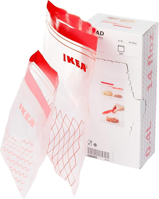 Pack de 60 Bolsas Reutilizables IKEA ISTAD Rojas con Cierre Hermético. Incluye 30 bolsas de 1L y 30 bolsas de 0,4L, perfectas para congelar y conservar alimentos. Ikea - frontal