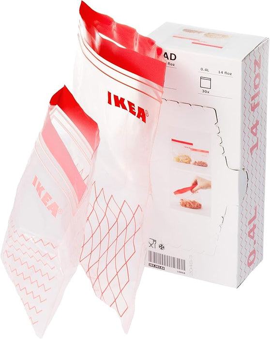 Pack de 60 Bolsas Reutilizables IKEA ISTAD Rojas con Cierre Hermético. Incluye 30 bolsas de 1L y 30 bolsas de 0,4L, perfectas para congelar y conservar alimentos. Ikea - frontal