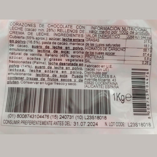 Corazones de Chocolate con Leche Rellenos de Crema, bolsa de 1Kg (140 uds aprox). Bombones cremosos ideales para eventos, mesas dulces, San Valentín o para hostelería. Interdulces - pack