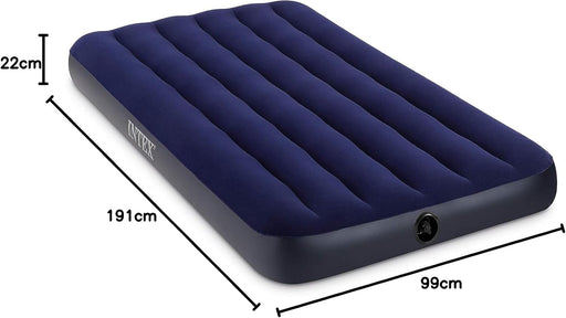 Colchón Hinchable Individual Intex Classic Downy (99x191x22 cm). Una cama de aire individual, ligera y resistente, ideal para camping, viajes o como cama supletoria. Intex - pack
