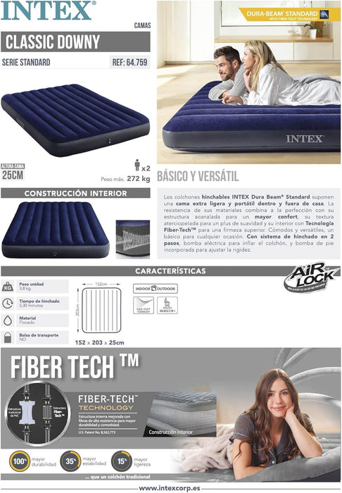 Colchón Hinchable Queen Intex Dura-Beam Classic Downy (152x203x25 cm). Cama de aire de gran tamaño para 2 personas con tecnología Fiber-Tech para un confort postural superior. Intex - extra
