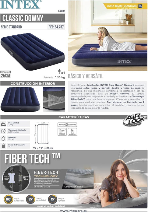 Intex Colchón Hinchable Individual Dura-Beam Classic Downy. Cama de aire de 99x191x25 cm con tecnología Fiber-Tech para un descanso estable y confortable en casa o de camping. Intex - extra