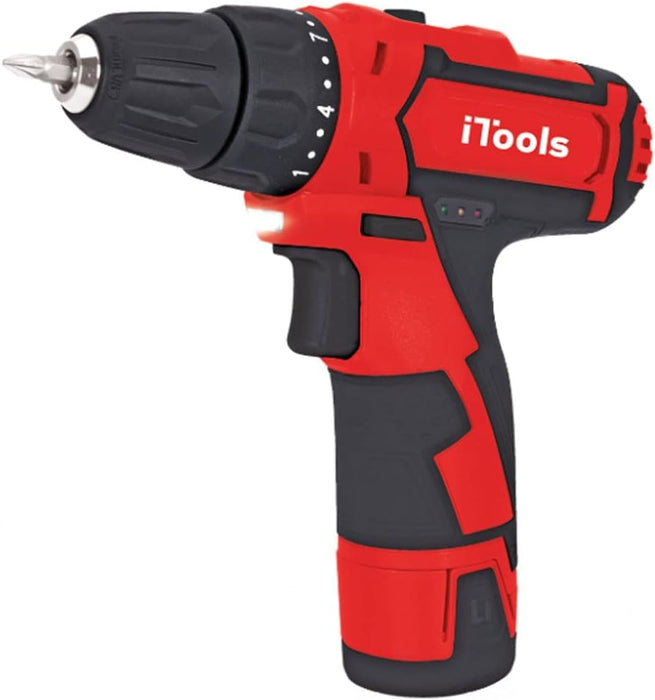 Taladro atornillador inalámbrico iTools de 12V con batería de litio de 1.5Ah de carga rápida. Incluye luz LED, función reversible y maletín con 13 accesorios. Itools - extra