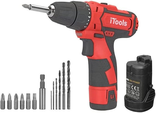 Taladro atornillador inalámbrico iTools de 12V con batería de litio de 1.5Ah de carga rápida. Incluye luz LED, función reversible y maletín con 13 accesorios. Itools - frontal