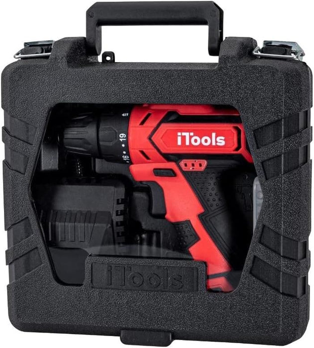 Taladro atornillador inalámbrico iTools de 12V con batería de litio de 1.5Ah de carga rápida. Incluye luz LED, función reversible y maletín con 13 accesorios. Itools - ingredientes