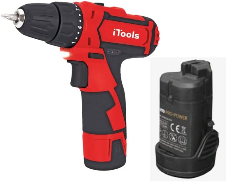 Taladro atornillador inalámbrico iTools de 12V con batería de litio de 1.5Ah de carga rápida. Incluye luz LED, función reversible y maletín con 13 accesorios. Itools - lateral