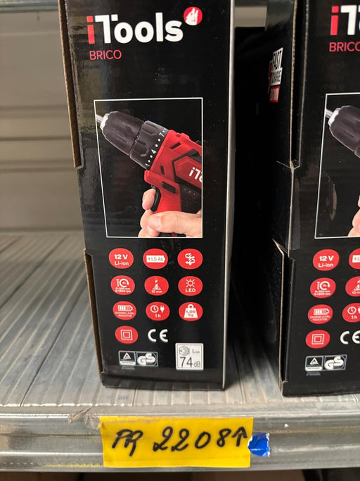 Taladro atornillador inalámbrico iTools de 12V con batería de litio de 1.5Ah de carga rápida. Incluye luz LED, función reversible y maletín con 13 accesorios. Itools - pack