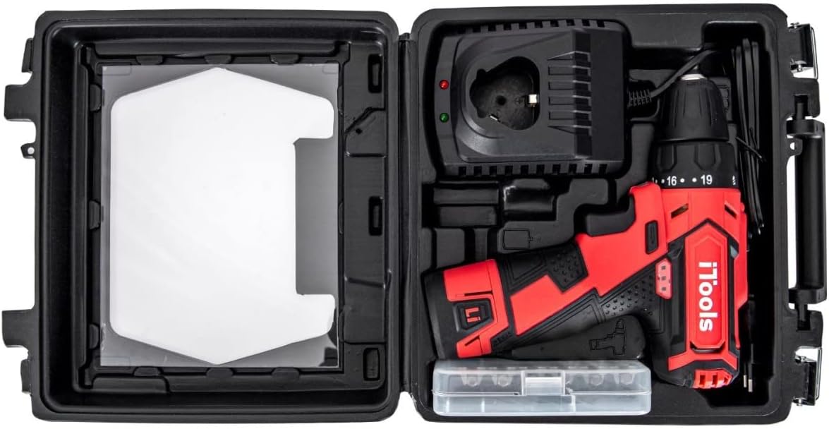 Taladro atornillador inalámbrico iTools de 12V con batería de litio de 1.5Ah de carga rápida. Incluye luz LED, función reversible y maletín con 13 accesorios. Itools - uso