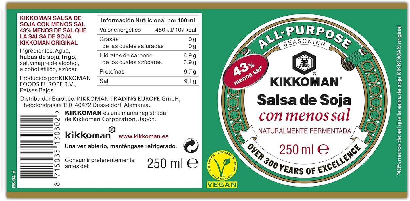 Salsa de Soja Kikkoman Baja en Sal de 250ml. Disfruta de todo el sabor y el aroma de la salsa de soja fermentada naturalmente, pero con un 43% menos de sodio. Kikkoman - pack