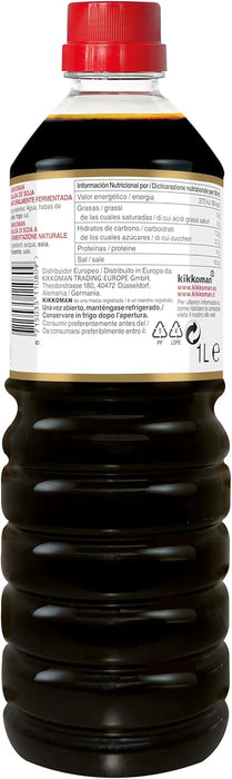 Salsa de Soja Kikkoman Clásica, botella de 1 litro del auténtico condimento japonés, elaborada con fermentación natural para un sabor umami inconfundible. Kikkoman - pack