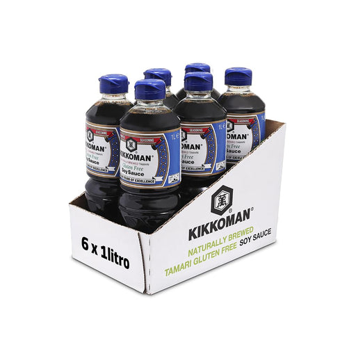 Salsa de Soja Tamari Kikkoman Sin Gluten en formato de 1 Litro. Fermentada naturalmente para un sabor umami intenso. Ideal para celíacos, veganos y cocina halal. Kikkoman - frontal